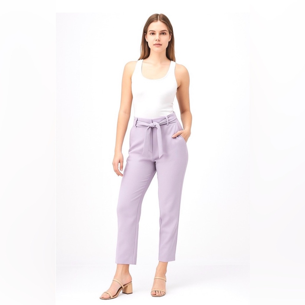 LOFT Marisa Ankle Lilac Lavender High-Rise Tie-Waist Career Straight Leg Pants